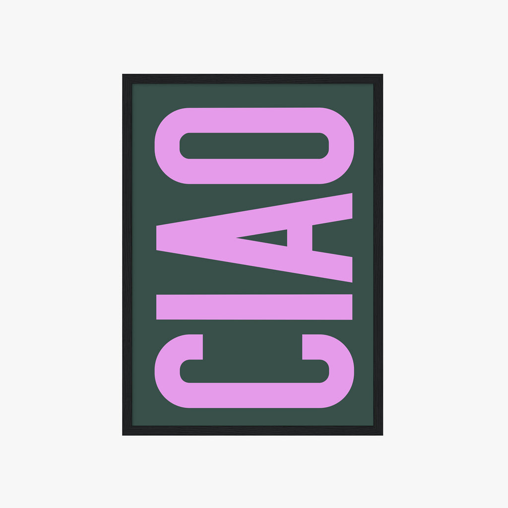 Minimalistisches Ciao Typografie Poster in Lila und Grün – moderne Wanddeko für Wohnzimmer

