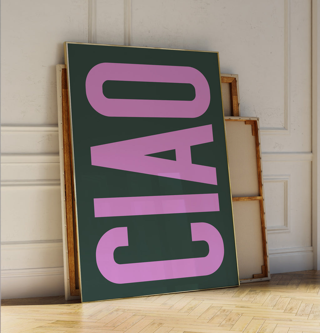 Minimalistisches Ciao Typografie Poster in Lila und Grün – moderne Wanddeko für Wohnzimmer
