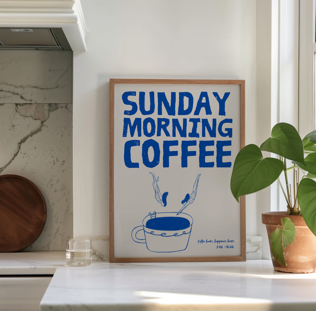 Sunday Morning Coffee Poster als moderne Wanddeko für Küche oder Kaffee-Ecke im Retro-Design