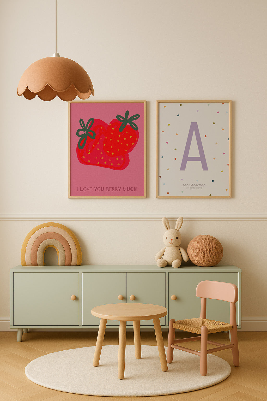 Retro Erdbeeren Poster mit Schriftzug „I love you berry much“ – moderne Wanddeko für Küche oder Wohnzimmer
