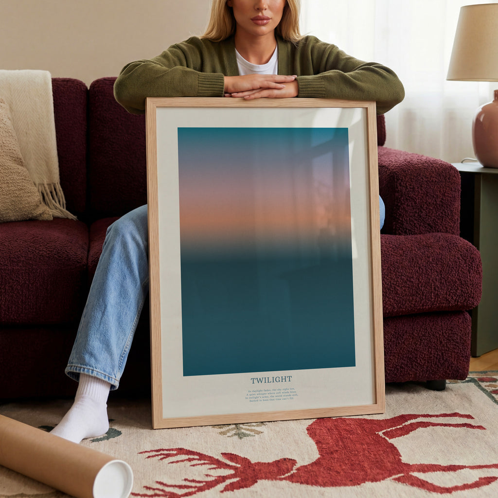 Minimalistisches Twilight Farbverlauf Poster mit sanftem Übergang von Blau zu Orange – moderne Wanddeko für Wohnzimmer
Abstraktes Sonnenuntergang Poster mit weichen Farbverläufen – ästhetische Wandkunst für stilvolle Räume
Gradient Himmel Poster im skandinavischen Stil – ruhige Wanddeko für Schlafzimmer und Büro
Modernes Farbverlauf Poster in warmen und kühlen Tönen – minimalistische Wandkunst
Twilight Sky Poster mit sanften Farbverläufen – zeitlose moderne Wanddeko