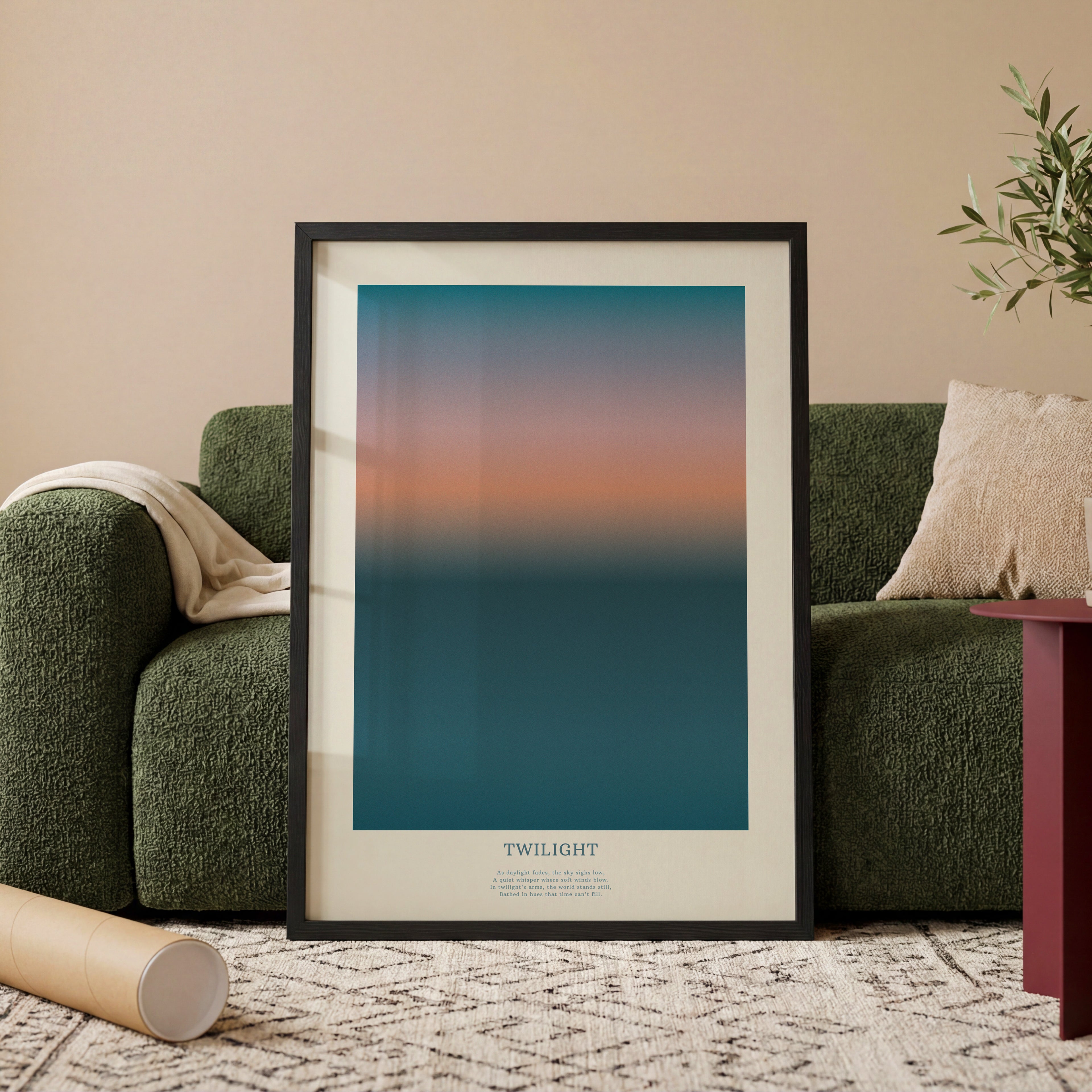 Minimalistisches Twilight Farbverlauf Poster mit sanftem Übergang von Blau zu Orange – moderne Wanddeko für Wohnzimmer
Abstraktes Sonnenuntergang Poster mit weichen Farbverläufen – ästhetische Wandkunst für stilvolle Räume
Gradient Himmel Poster im skandinavischen Stil – ruhige Wanddeko für Schlafzimmer und Büro
Modernes Farbverlauf Poster in warmen und kühlen Tönen – minimalistische Wandkunst
Twilight Sky Poster mit sanften Farbverläufen – zeitlose moderne Wanddeko