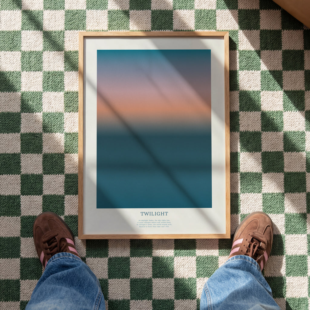 Minimalistisches Twilight Farbverlauf Poster mit sanftem Übergang von Blau zu Orange – moderne Wanddeko für Wohnzimmer
Abstraktes Sonnenuntergang Poster mit weichen Farbverläufen – ästhetische Wandkunst für stilvolle Räume
Gradient Himmel Poster im skandinavischen Stil – ruhige Wanddeko für Schlafzimmer und Büro
Modernes Farbverlauf Poster in warmen und kühlen Tönen – minimalistische Wandkunst
Twilight Sky Poster mit sanften Farbverläufen – zeitlose moderne Wanddeko