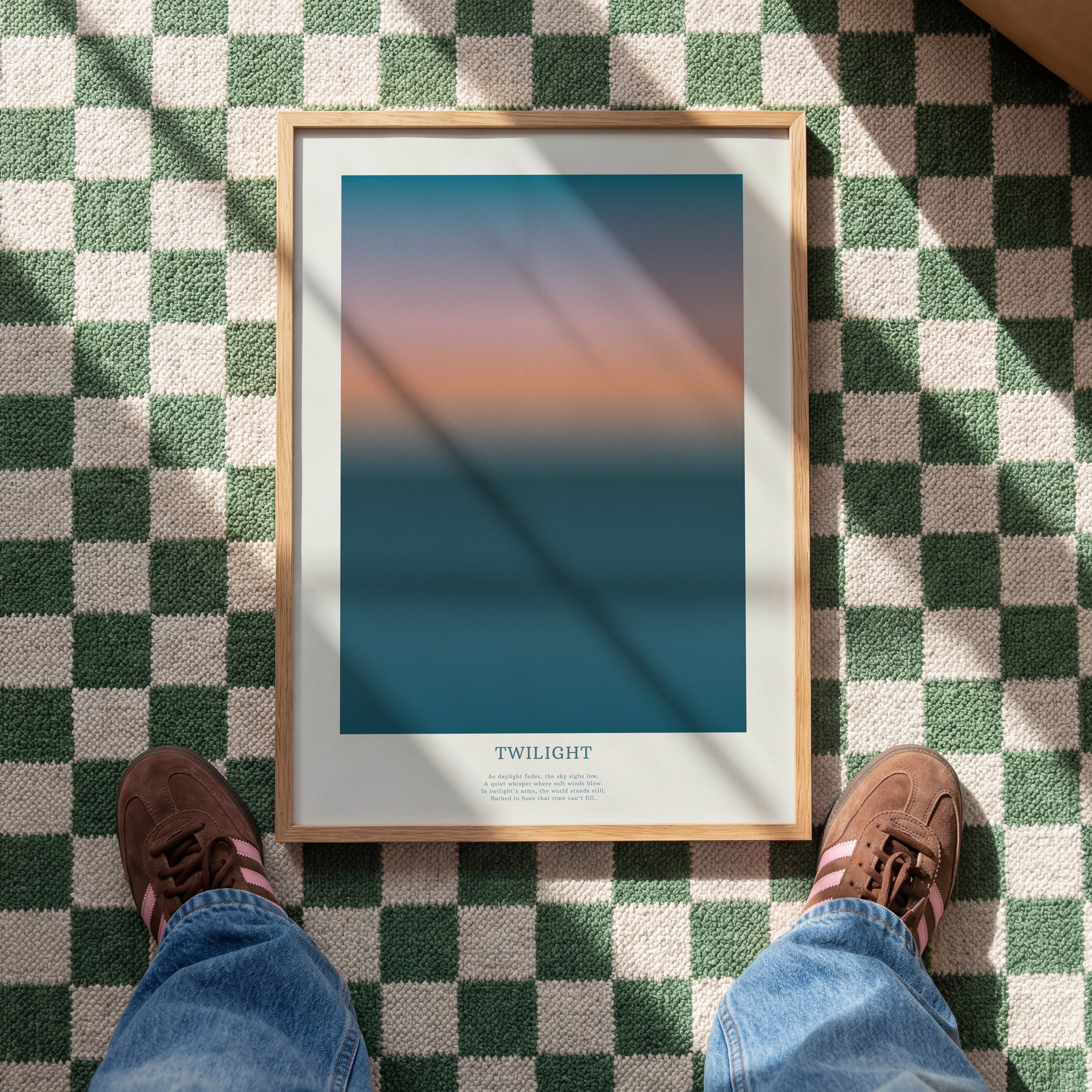 Minimalistisches Twilight Farbverlauf Poster mit sanftem Übergang von Blau zu Orange – moderne Wanddeko für Wohnzimmer
Abstraktes Sonnenuntergang Poster mit weichen Farbverläufen – ästhetische Wandkunst für stilvolle Räume
Gradient Himmel Poster im skandinavischen Stil – ruhige Wanddeko für Schlafzimmer und Büro
Modernes Farbverlauf Poster in warmen und kühlen Tönen – minimalistische Wandkunst
Twilight Sky Poster mit sanften Farbverläufen – zeitlose moderne Wanddeko