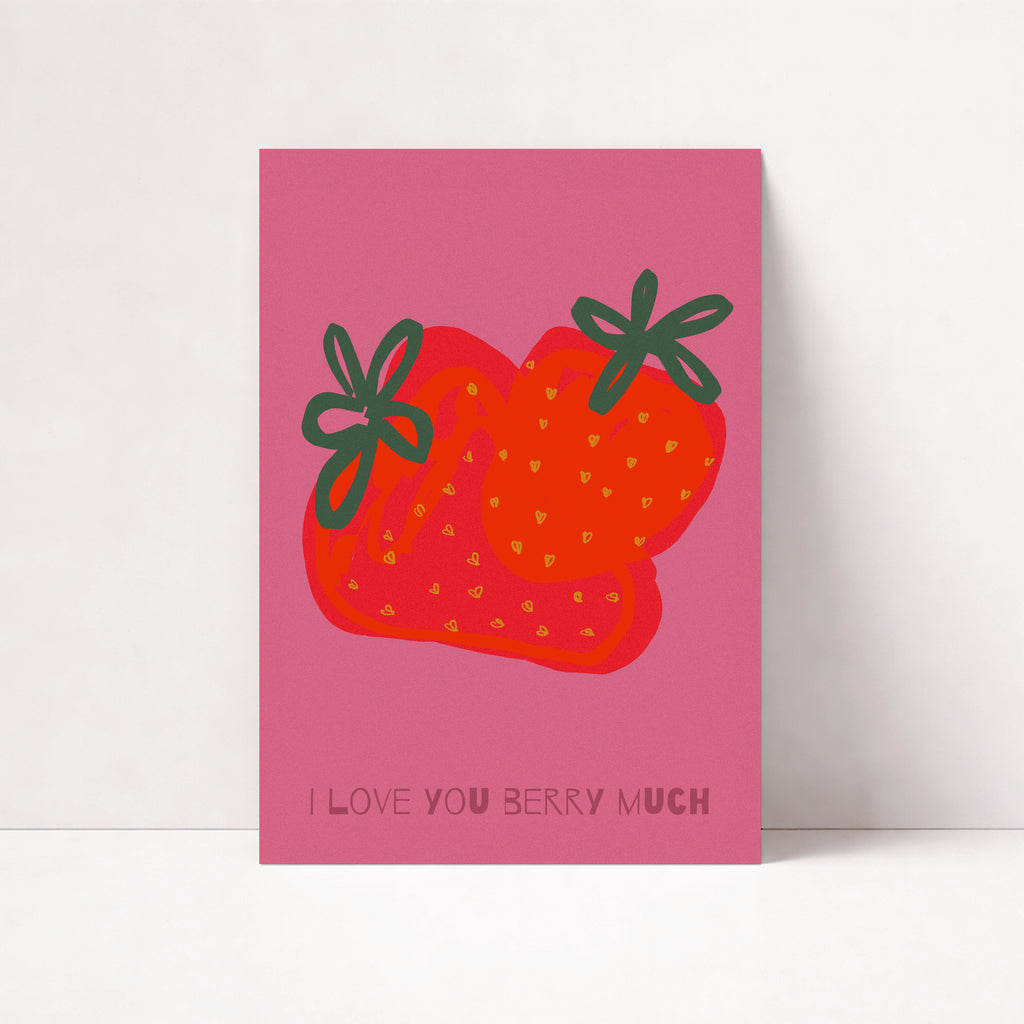 Retro Erdbeeren Poster mit Schriftzug „I love you berry much“ – moderne Wanddeko für Küche oder Wohnzimmer
