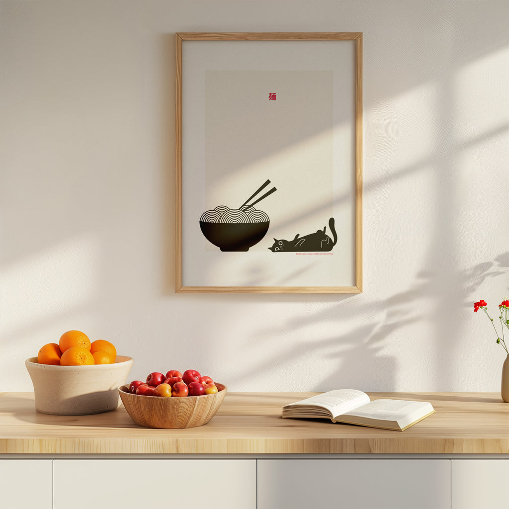 Cat food poster design with playful black cat and ramen bowl, Scandinavian style kitchen wall decor