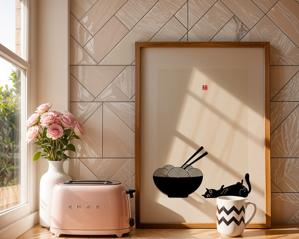 Japanese noodle cat poster in minimal retro style, aesthetic food illustration print for modern home