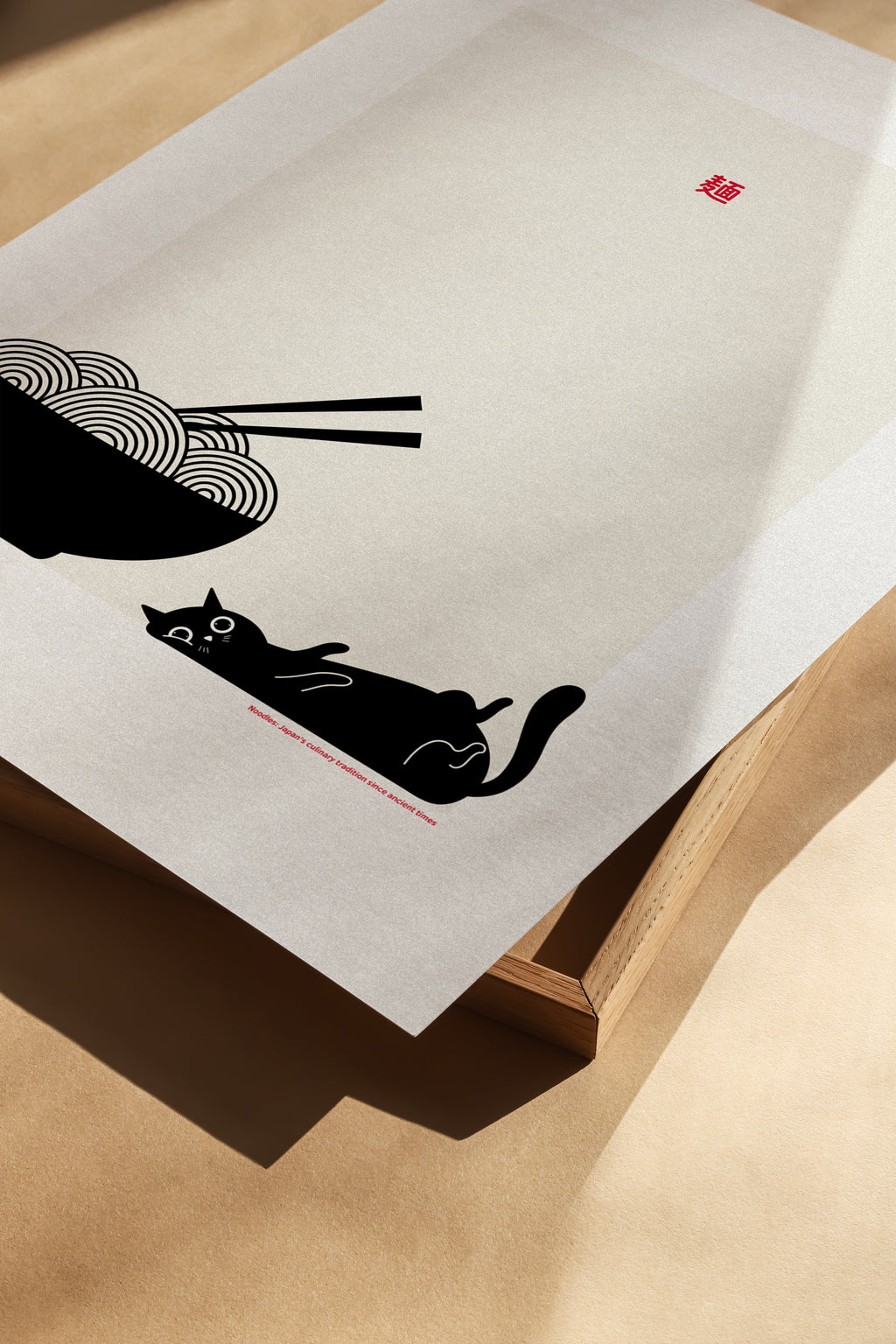 Aesthetic cat and noodles poster, simple graphic illustration for kitchen, dining room or café decor
