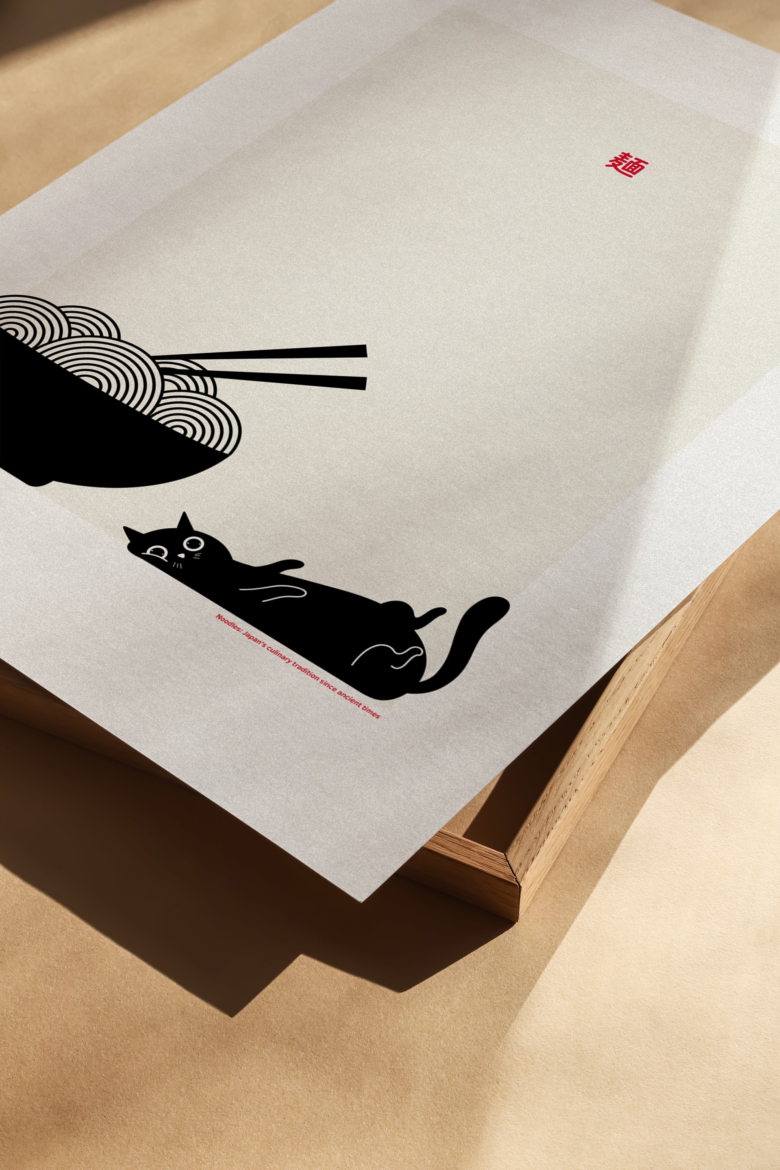 Aesthetic cat and noodles poster, simple graphic illustration for kitchen, dining room or café decor