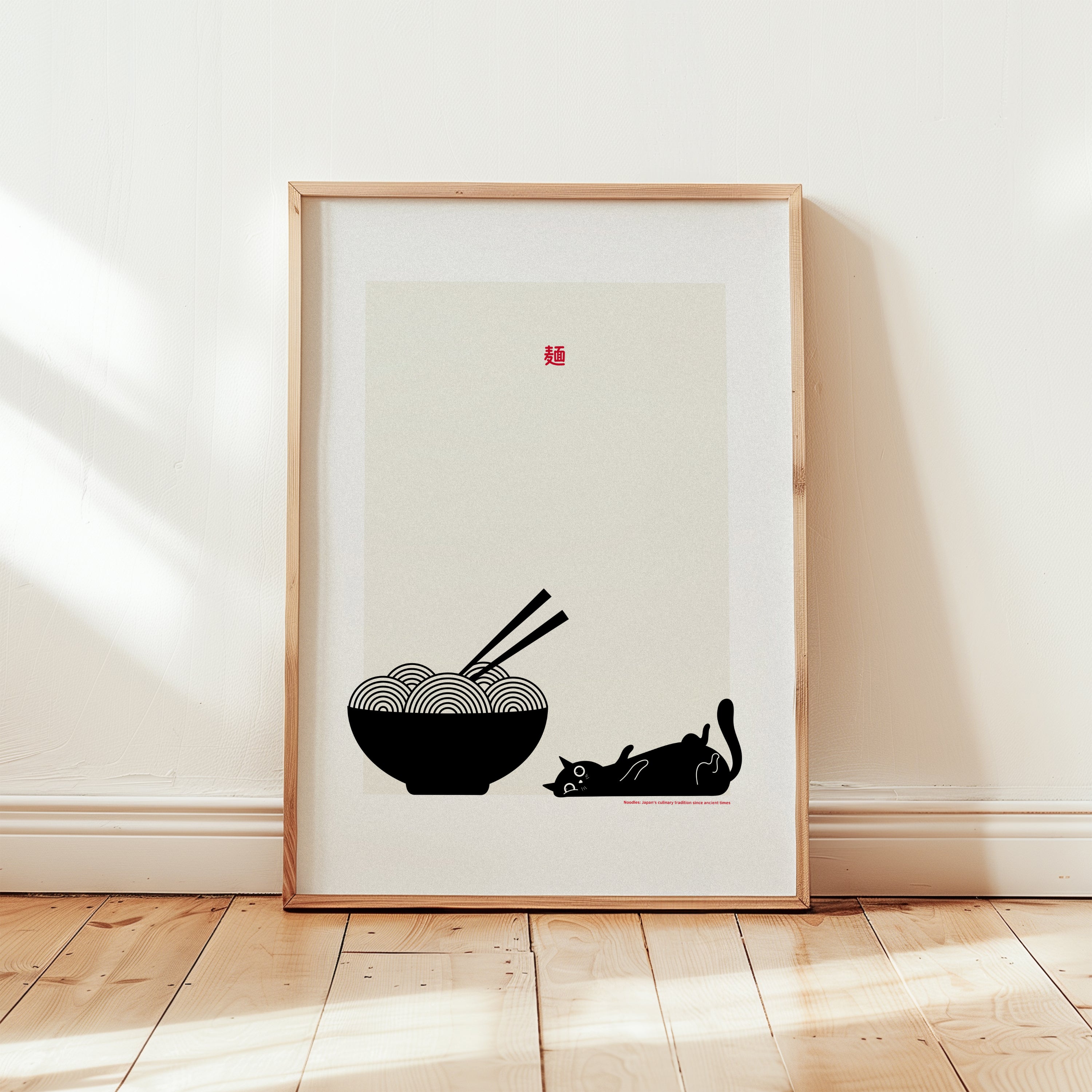 Cat food poster design with playful black cat and ramen bowl, Scandinavian style kitchen wall decor