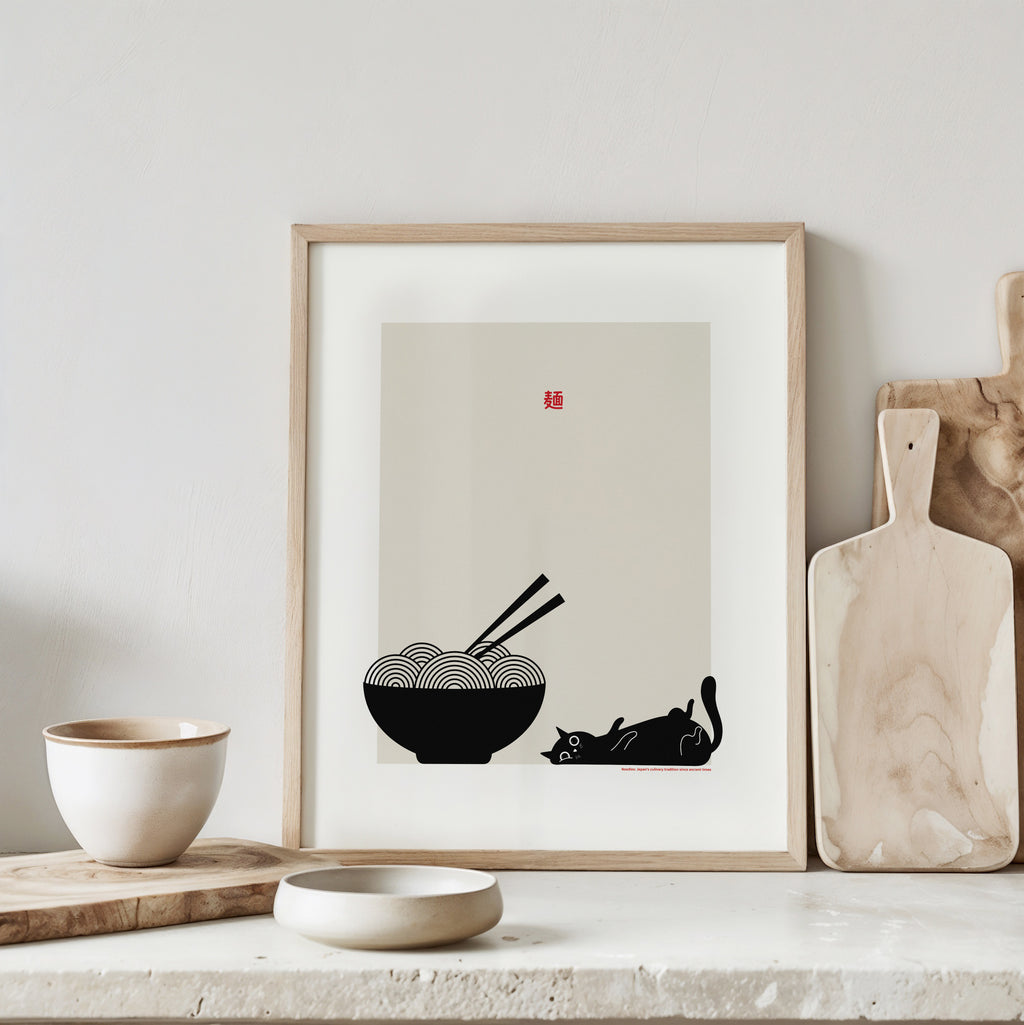 Modern cat poster with ramen bowl and chopsticks, minimalist black and white kitchen wall art