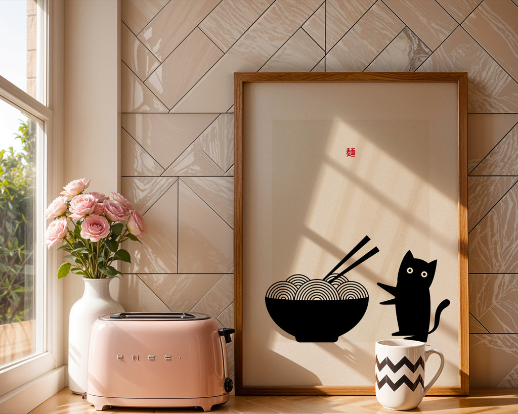 Modern cat poster with ramen bowl and chopsticks, minimalist black and white kitchen wall art