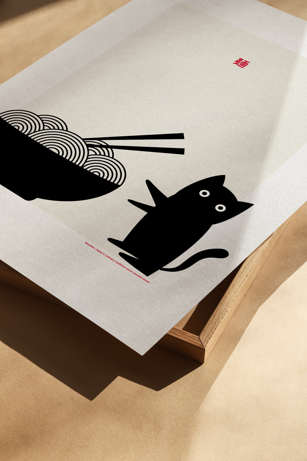 Cat food poster design with playful black cat and ramen bowl, Scandinavian style kitchen wall decor