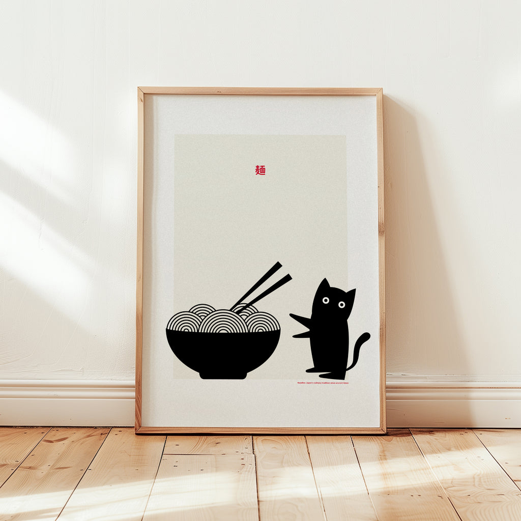 Cute cat food wall art print inspired by Japanese ramen culture, clean and contemporary poster design