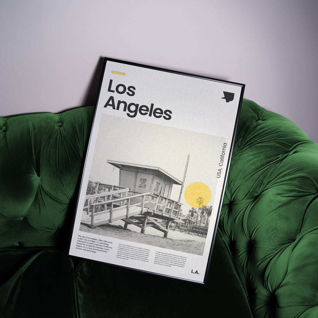 Wandbild Los Angeles Strand Szene in Schwarzweiß

Travel Poster Los Angeles mit ikonischem Lifeguard Tower

Minimalistisches California Poster für Wohnzimmer oder Büro