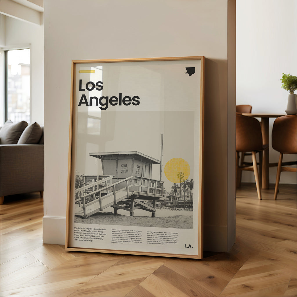 Wandbild Los Angeles Strand Szene in Schwarzweiß

Travel Poster Los Angeles mit ikonischem Lifeguard Tower

Minimalistisches California Poster für Wohnzimmer oder Büro