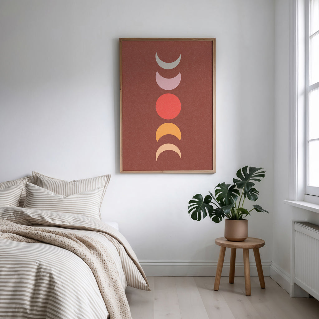 Mid-Century inspiriertes Mond Poster in warmen Naturfarben – ästhetische Wandkunst im Boho Look