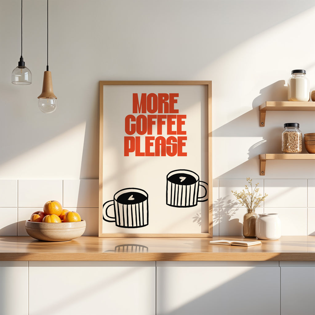 Typografie Poster mit Kaffee Motiv und orangefarbener Schrift – stylisches Wandbild für Café oder Zuhause