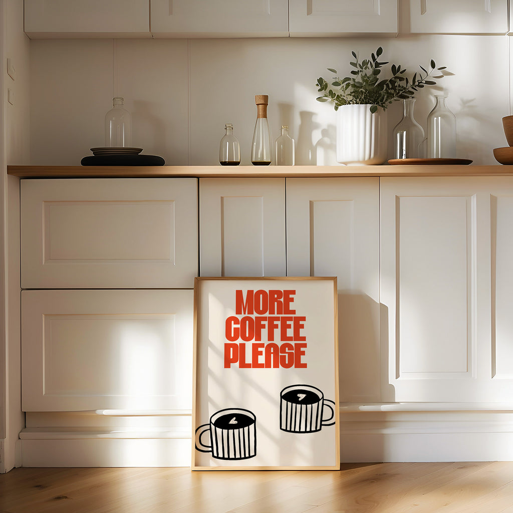 Minimalistisches Coffee Poster mit Schriftzug More Coffee Please und Tassen Illustration – moderne Wanddeko für Küche