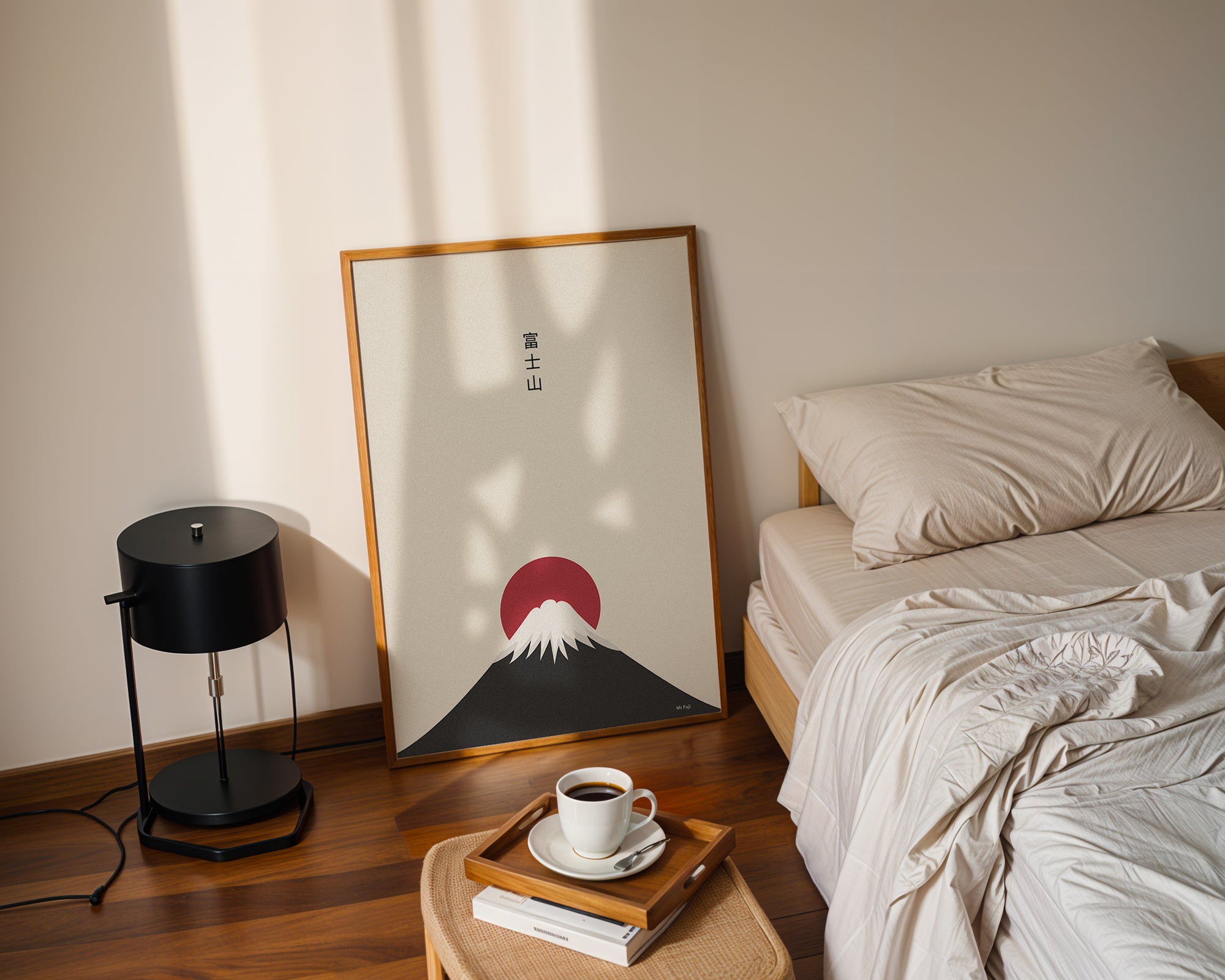 Modernes Mount Fuji Wandbild mit roter Sonne im Retro Design