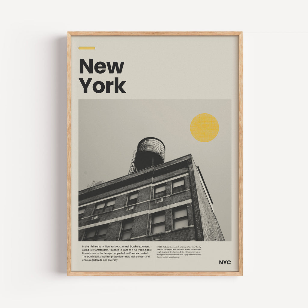 New York Poster mit schwarzweiß Architektur-Fotografie und gelber Sonne im Retro-Design

Modernes NYC Wandbild mit historischem Gebäude und minimalistischem Layout

Retro New York Kunstdruck mit Rooftop-Wasserturm und typografischem Titel

Minimalistisches Stadtposter New York in Schwarzweiß mit warmem Akzent