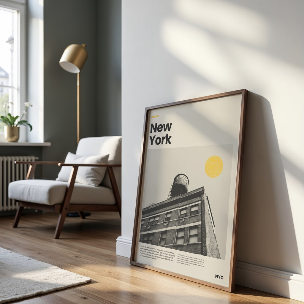 New York Poster mit schwarzweiß Architektur-Fotografie und gelber Sonne im Retro-Design

Modernes NYC Wandbild mit historischem Gebäude und minimalistischem Layout

Retro New York Kunstdruck mit Rooftop-Wasserturm und typografischem Titel

Minimalistisches Stadtposter New York in Schwarzweiß mit warmem Akzent