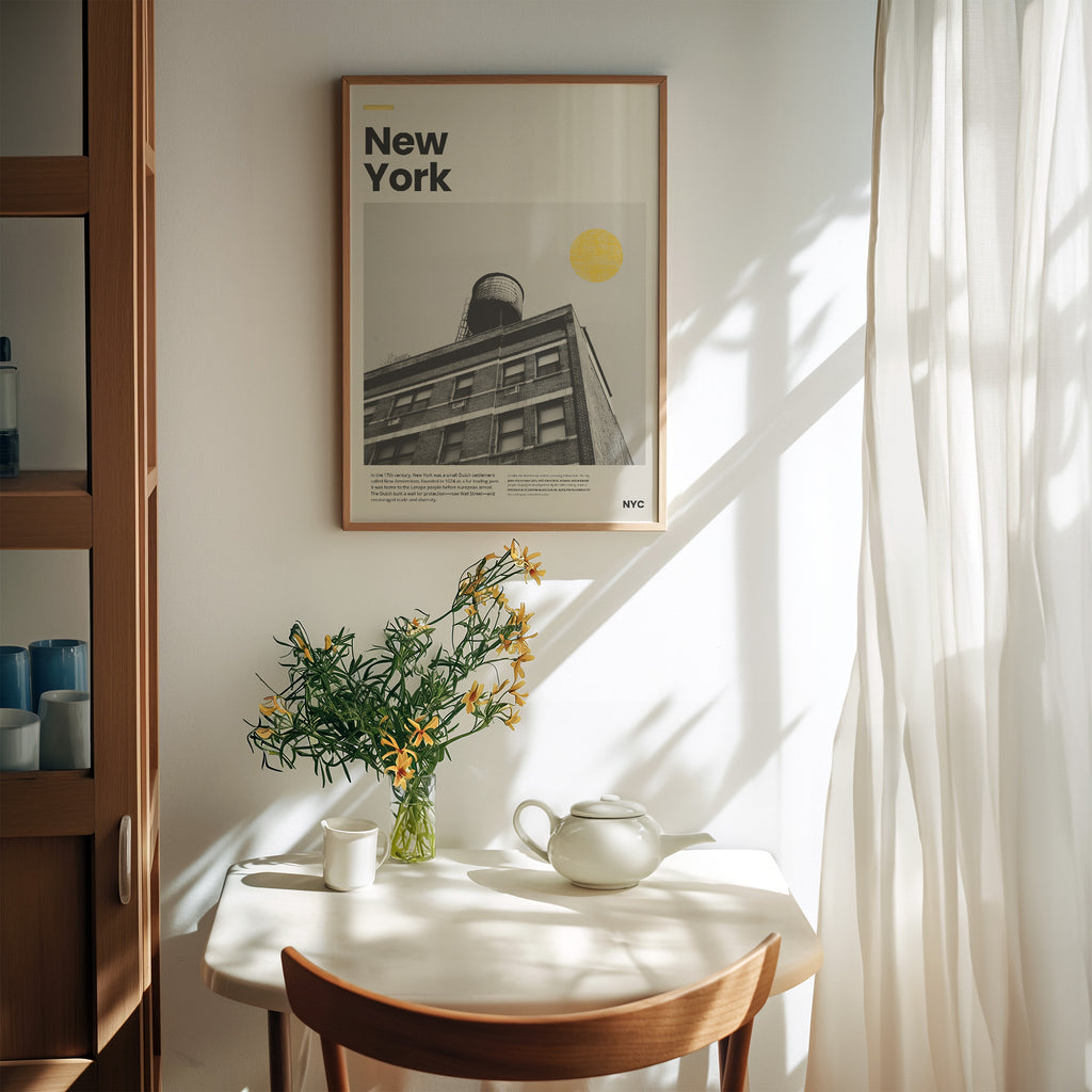New York Poster mit schwarzweiß Architektur-Fotografie und gelber Sonne im Retro-Design

Modernes NYC Wandbild mit historischem Gebäude und minimalistischem Layout

Retro New York Kunstdruck mit Rooftop-Wasserturm und typografischem Titel

Minimalistisches Stadtposter New York in Schwarzweiß mit warmem Akzent