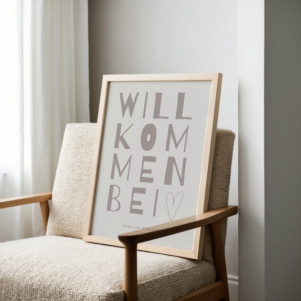 Minimalistisches Typografie-Poster mit dem Schriftzug „Willkommen bei“ in modernem, handgezeichnetem Stil, kombiniert mit personalisierbarem Familiennamen „Familie Müller“ und Zusatz „Since 2015“, stilvolle Wanddekoration für Eingangsbereich, Flur oder Wohnzimmer, modernes Familienposter mit persönlicher Note, schwarz-weißes Design mit klarer, zeitloser Ästhetik, dekoratives Willkommensschild für Zuhause, ideal als individuelle Wandkunst für Familien, personalisierbares Namensposter als Geschenk zur Hochzei