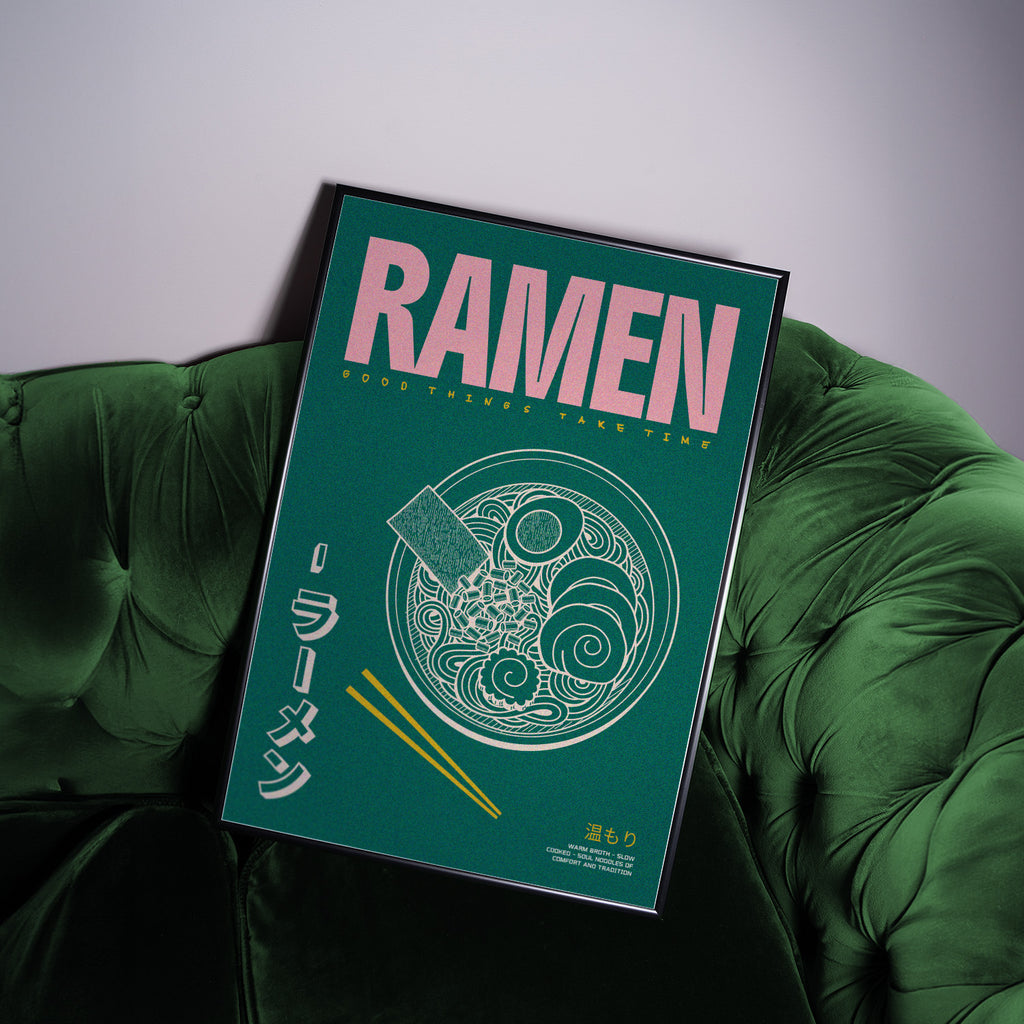 Ramen Poster im Retro-Design mit japanischer Typografie und grüner Farbfläche

Modernes Food Poster mit Ramen-Schale Illustration und Schriftzug „Good Things Take Time“

Japan inspiriertes Wandbild mit Ramen-Motiv, Chopsticks und minimalistischer Linienkunst