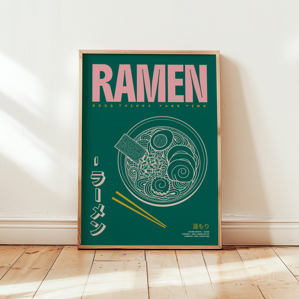Ramen Poster im Retro-Design mit japanischer Typografie und grüner Farbfläche

Modernes Food Poster mit Ramen-Schale Illustration und Schriftzug „Good Things Take Time“

Japan inspiriertes Wandbild mit Ramen-Motiv, Chopsticks und minimalistischer Linienkunst