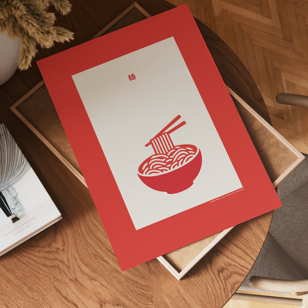 Japan Food Poster mit Ramen Illustration in Rot – stilvolle Wandkunst für Küche, Wohnzimmer oder Café im Mid-Century Design