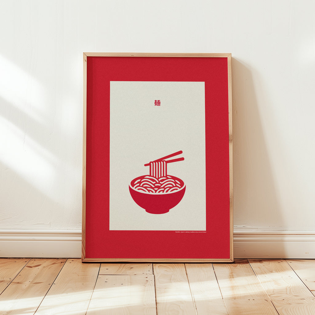 Modernes Ramen Poster in Rot und Beige – minimalistische Küchenwand Kunst im skandinavischen Retro Stil