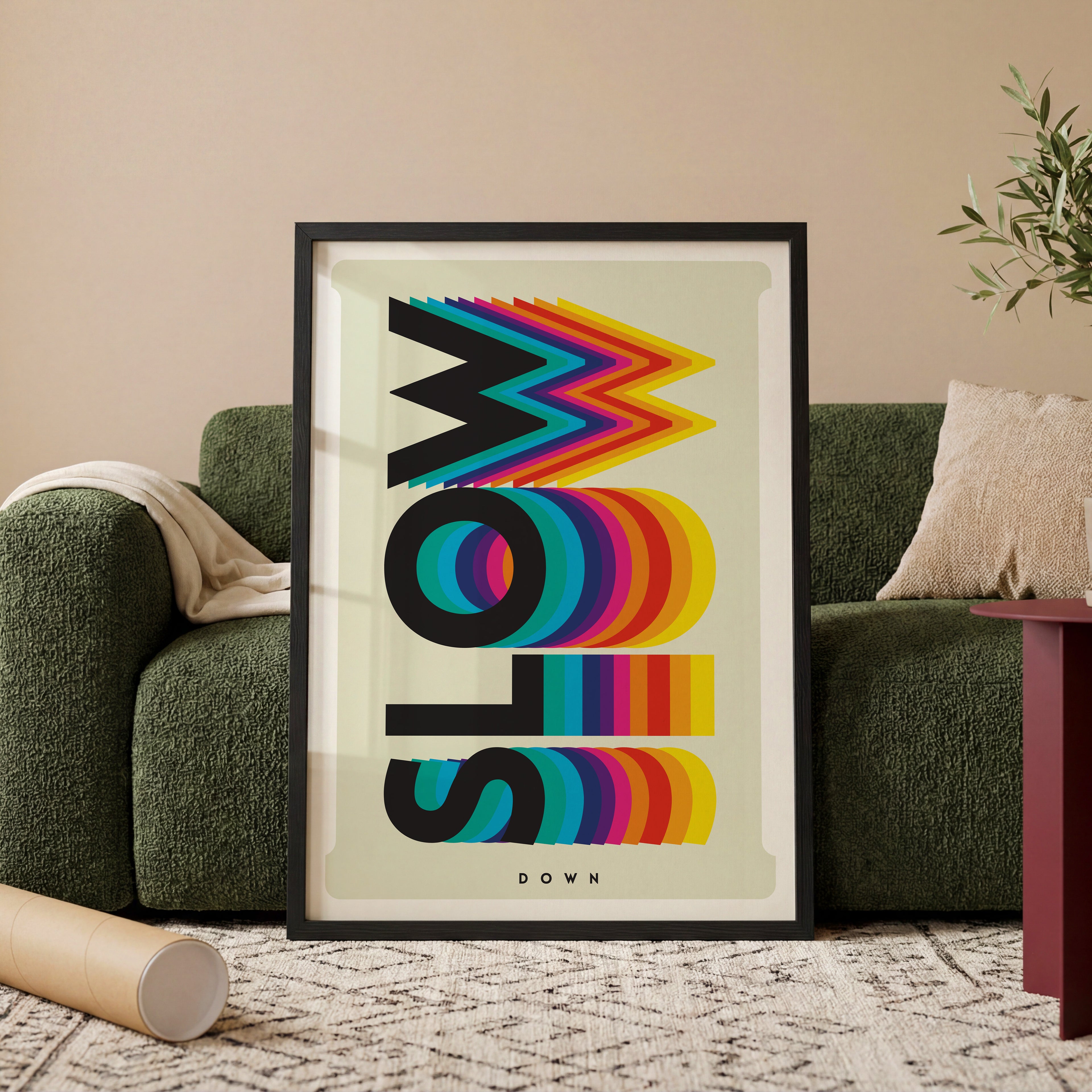 Grafisches Poster mit farbiger Typografie und Bewegungseffekt – stilvolle Wandkunst im modernen Design