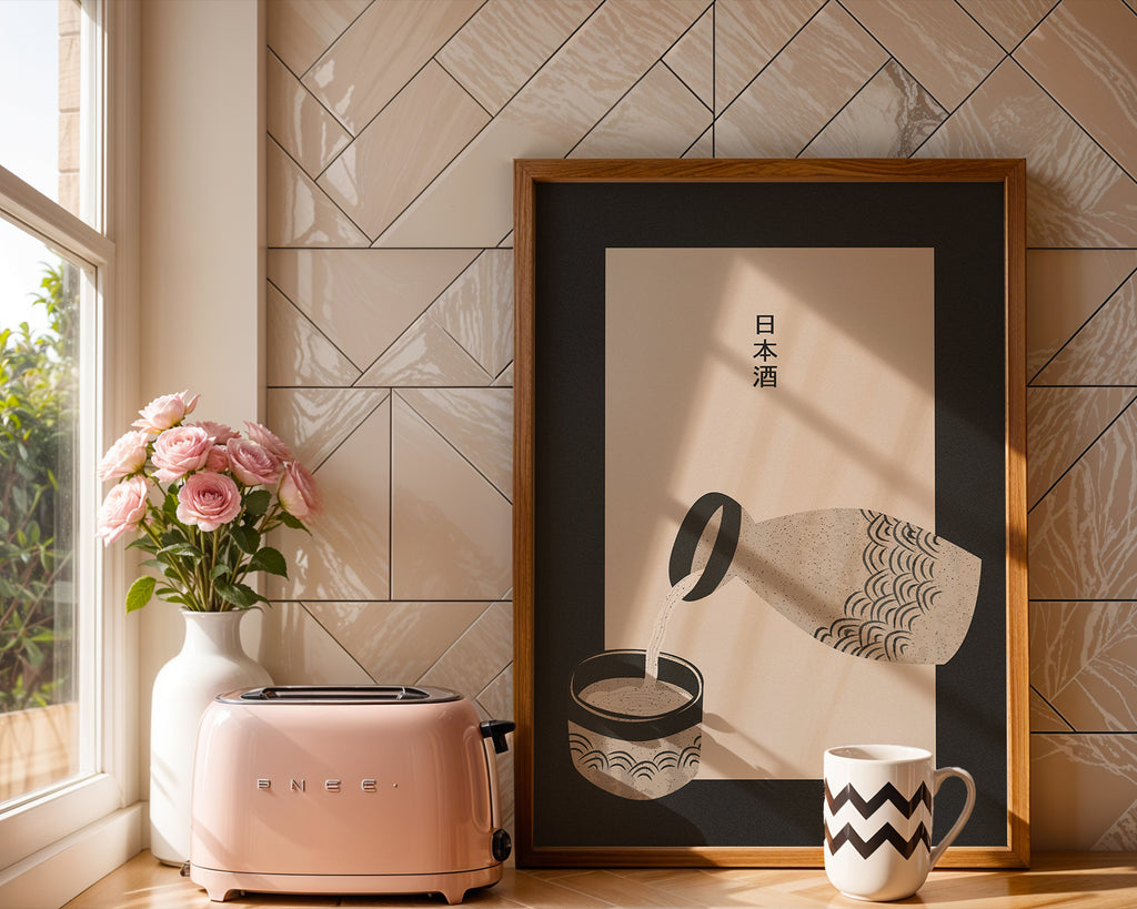 Minimal Art Print mit japanischem Schriftzeichen und eingeschenktem Sake
