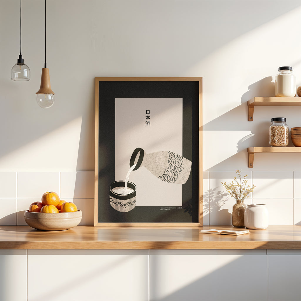Japanisches Wandbild mit Sake-Flasche und Becher im modernen, reduzierten Stil