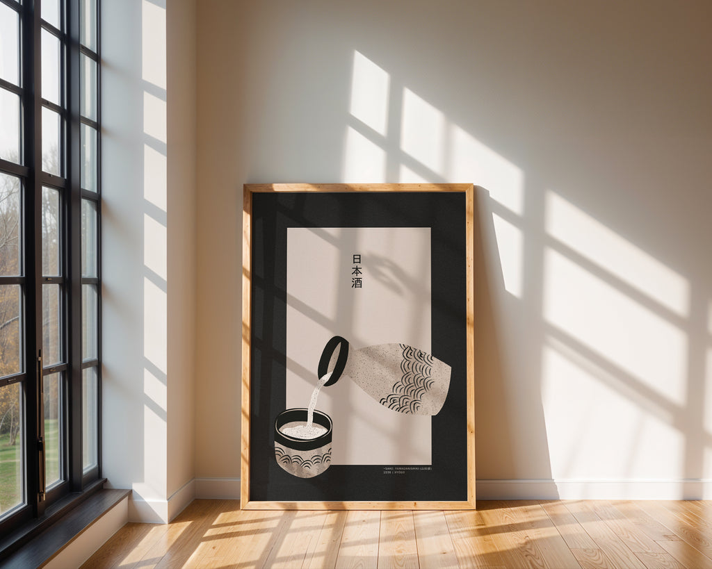 Stilvolles Sake Kunstdruck Poster mit asiatischem Wellenmuster für Küche oder Wohnzimmer