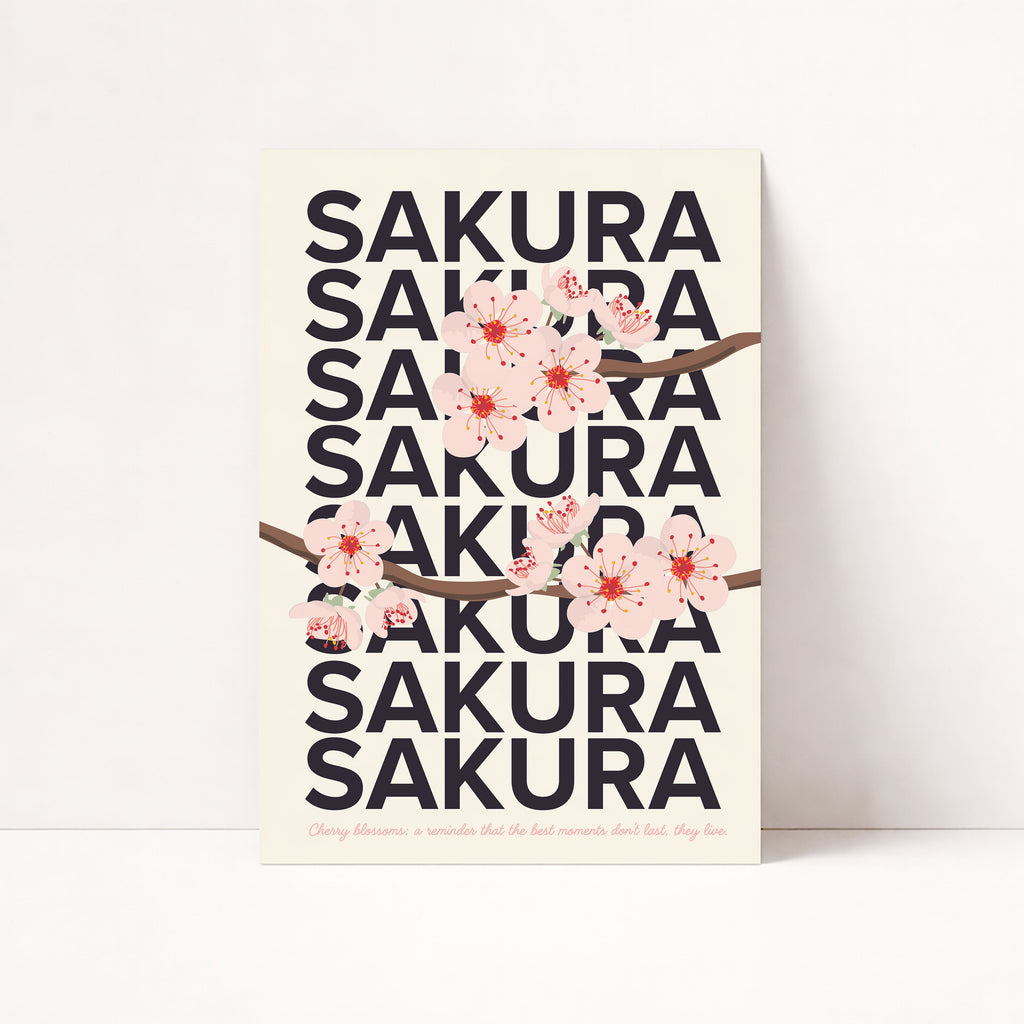 Sakura Poster mit Kirschblüten und moderner Typografie im Retro-Stil als Wanddeko für Wohnzimmer oder Schlafzimmer