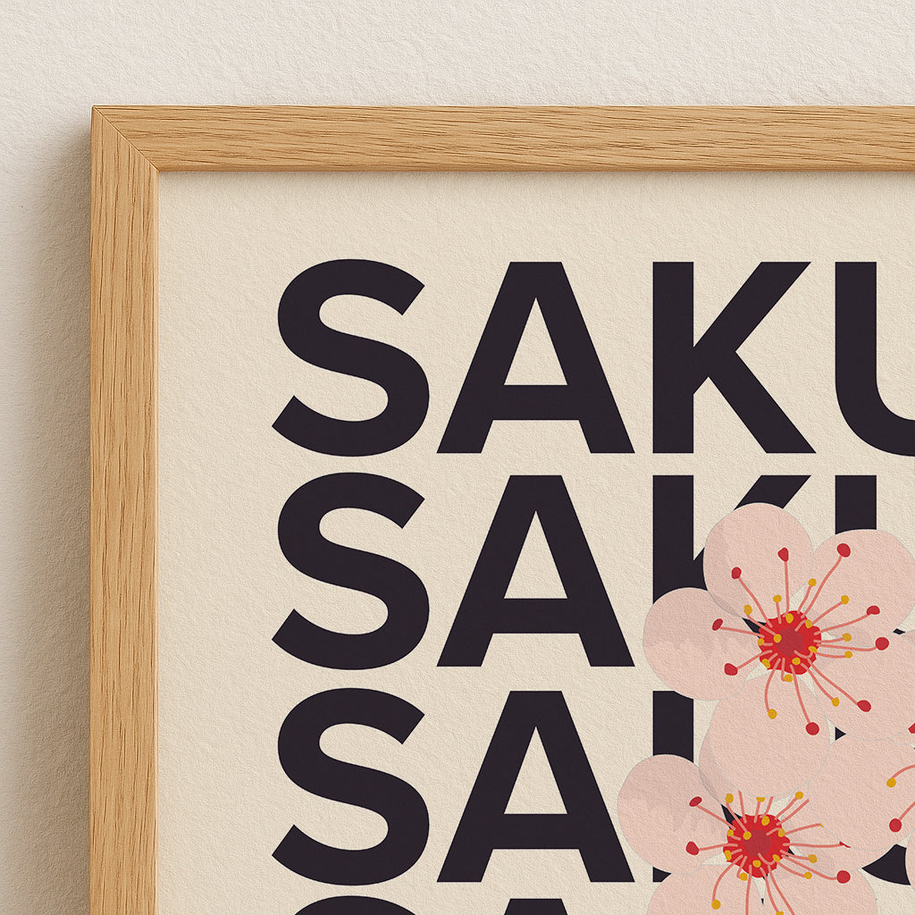 Japan inspirierte Wandkunst mit Kirschblüten und typografischem Design als dekoratives Hochformat Poster