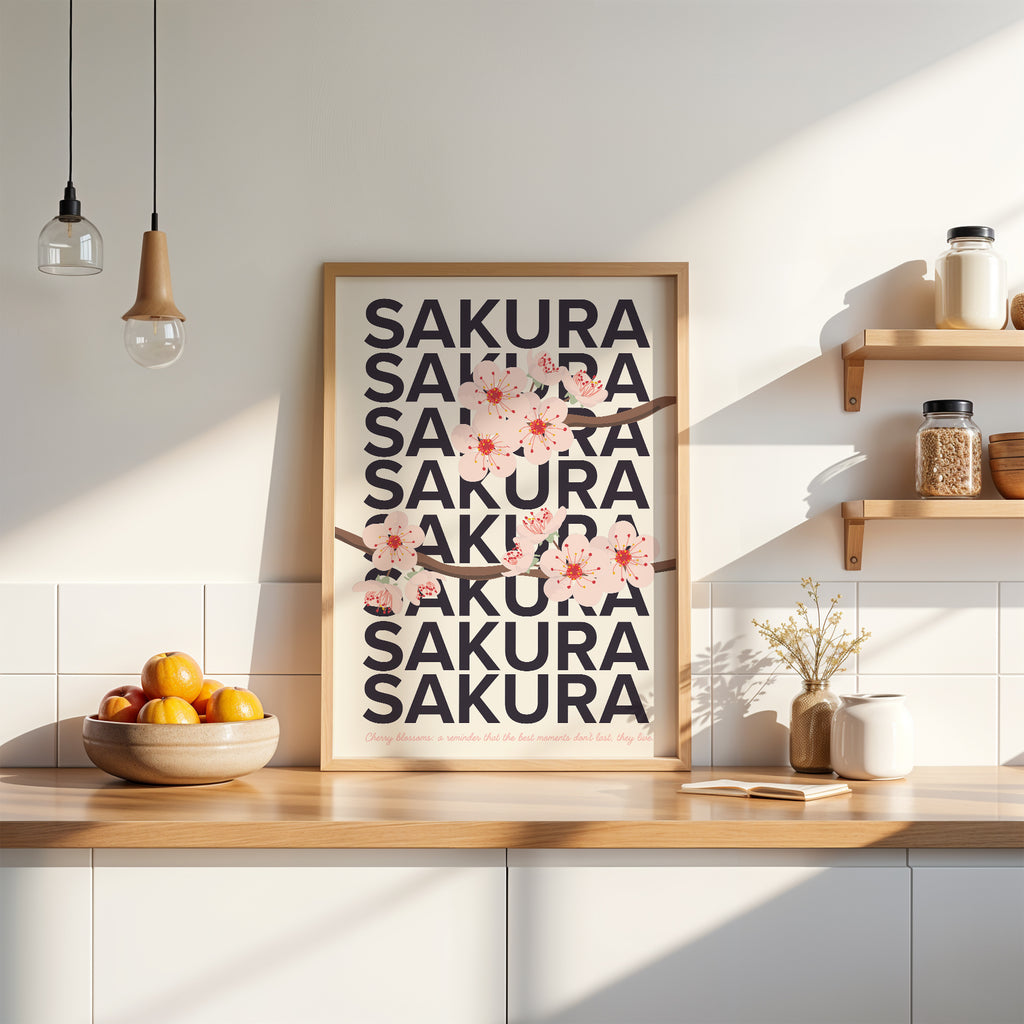 Retro Blumen Poster mit Kirschzweig und großflächigem Sakura Schriftzug in warmen Softtones