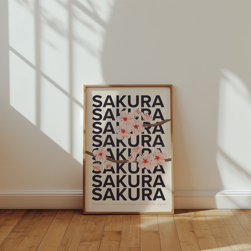 Minimalistisches Sakura Poster mit zarten Blüten im Vintage Stil für modernes Schlafzimmer oder Wohnzimmer
