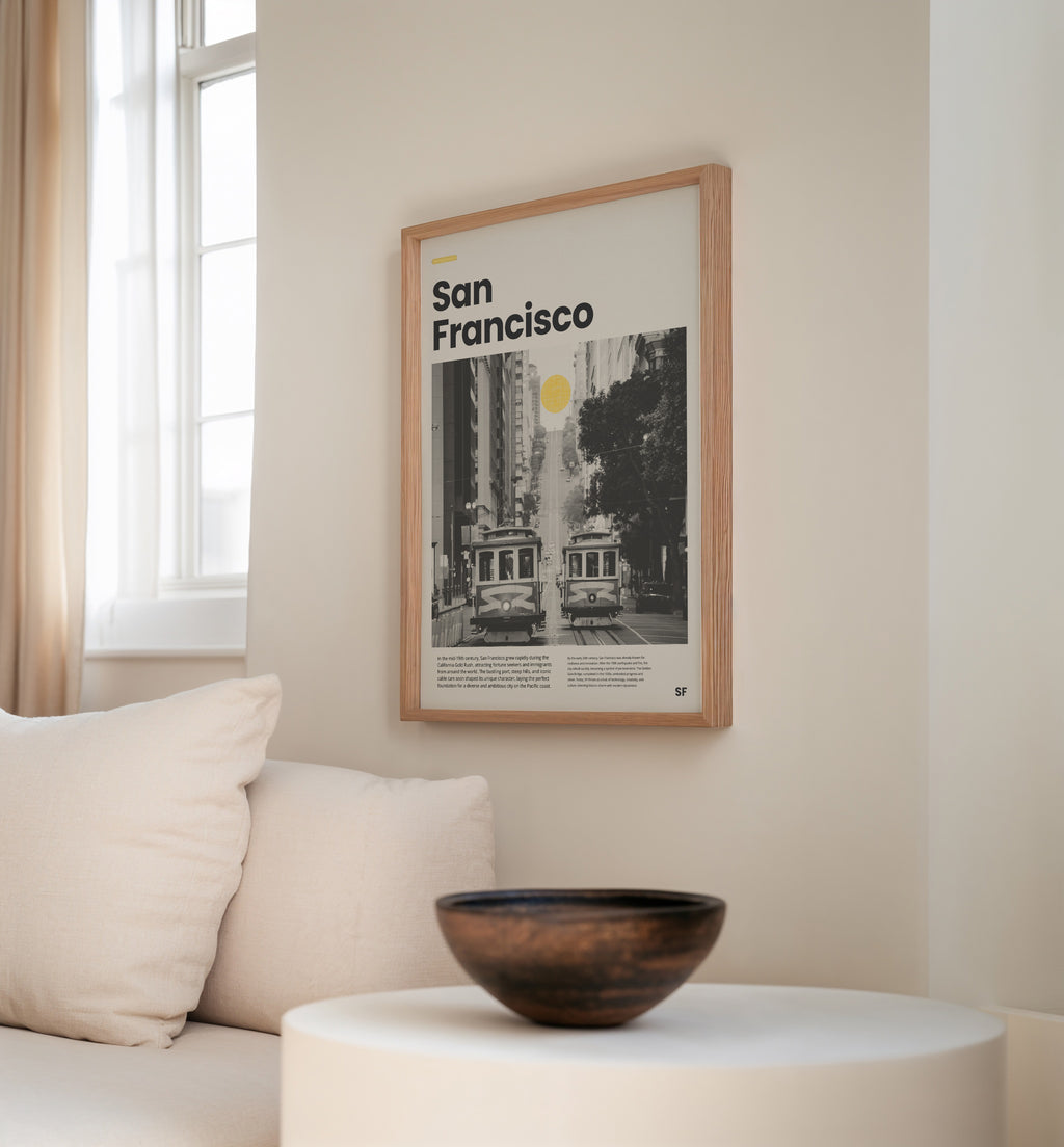 Retro Städteposter von San Francisco mit ikonischen Cable Cars und moderner Typografie