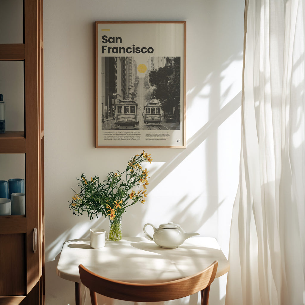 San Francisco Wanddeko im Retro-Look für Wohnzimmer oder Büro

Urbanes City Poster mit Hochhäusern und klassischer Cable Car in SF

Modernes USA Reise Poster mit minimalistischem Layout

San Francisco Kunstdruck im skandinavischen Stil mit Typografie