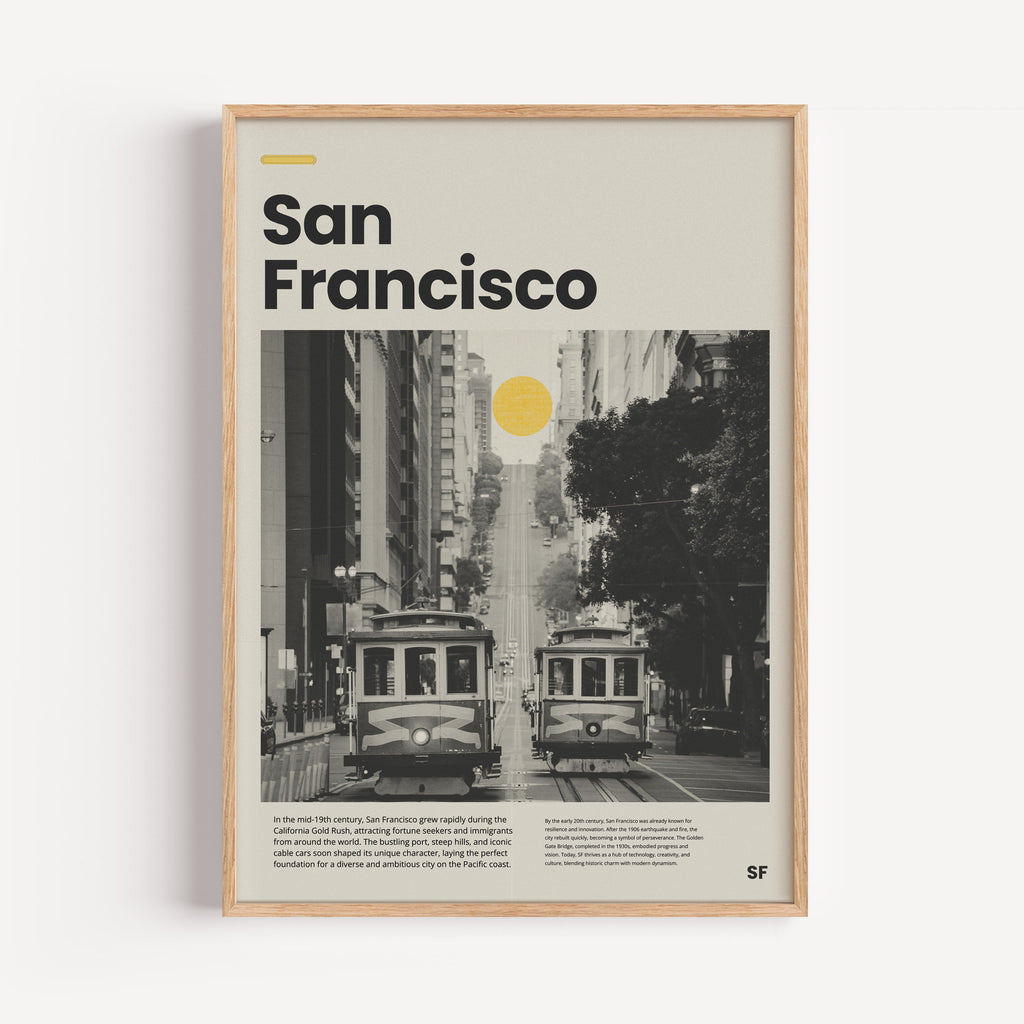 San Francisco Wanddeko im Retro-Look für Wohnzimmer oder Büro

Urbanes City Poster mit Hochhäusern und klassischer Cable Car in SF

Modernes USA Reise Poster mit minimalistischem Layout

San Francisco Kunstdruck im skandinavischen Stil mit Typografie