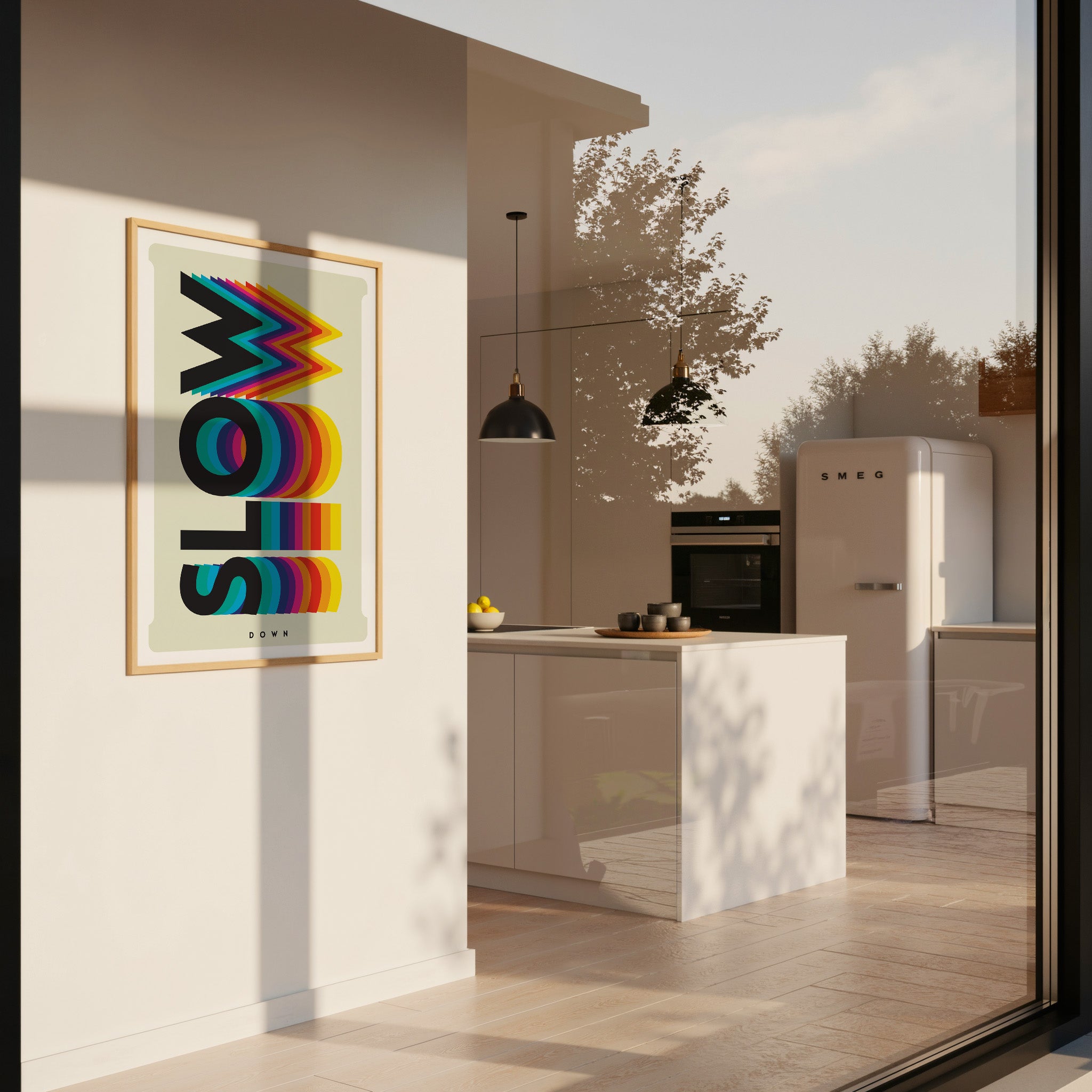 Modernes Wandbild mit bunter Typografie und dynamischem Design – dekorative Wanddeko für Zuhause