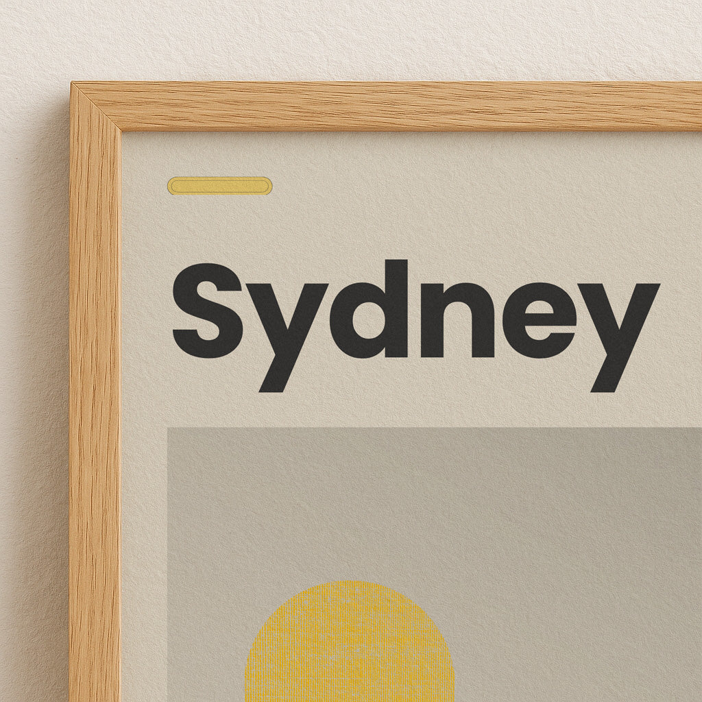 Schwarzweiß Stadtposter von Sydney mit moderner Typografie
