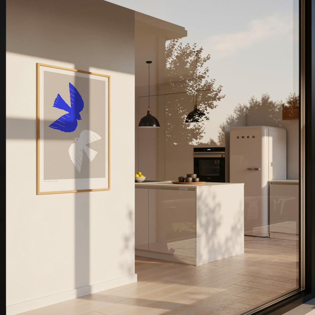 Skandinavisches Vogel Wandbild in Blau – ruhige und stilvolle Poster Kunst