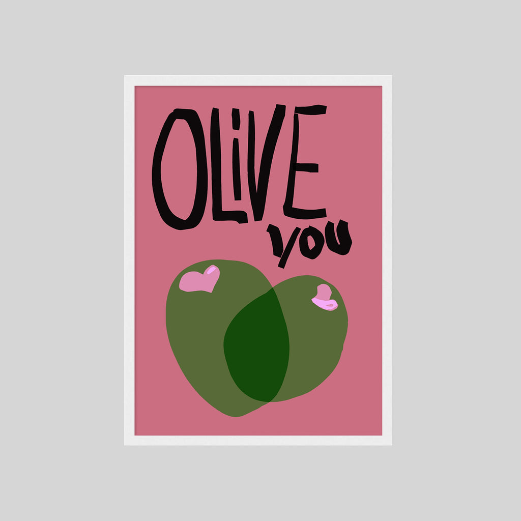 Modernes Food Poster mit Oliven und Wortspiel „Olive you“ – dekorativer Kunstdruck
