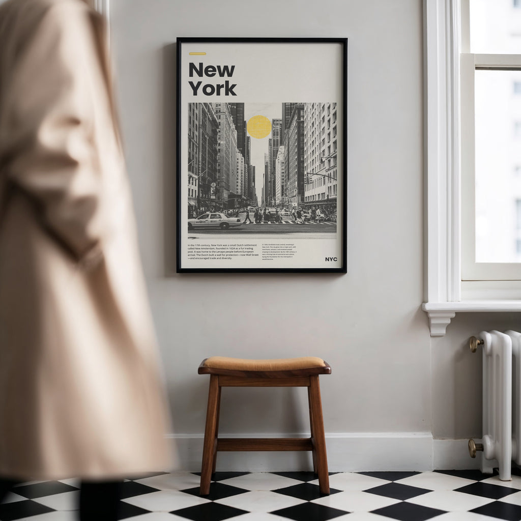 New York Kunstdruck mit Straßenszene und warmem Sonnenakzent

Urbanes Wandbild mit Hochhäusern und Verkehr in New York

Modernes Architekturposter mit New York Straßenperspektive