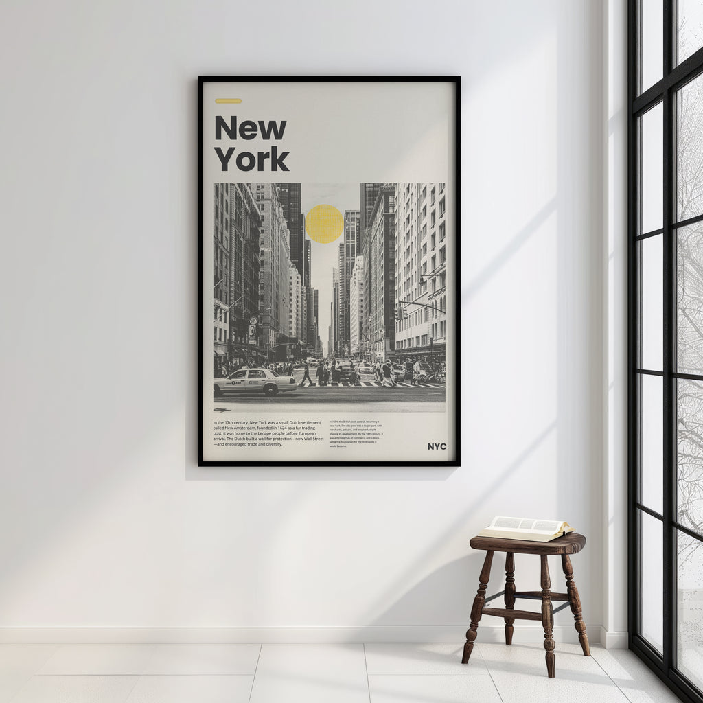 Schwarzweiß Stadtposter mit gelbem Kreis als Sonne über Manhattan

Stilvolles New York Wandbild für Wohnzimmer oder Büro