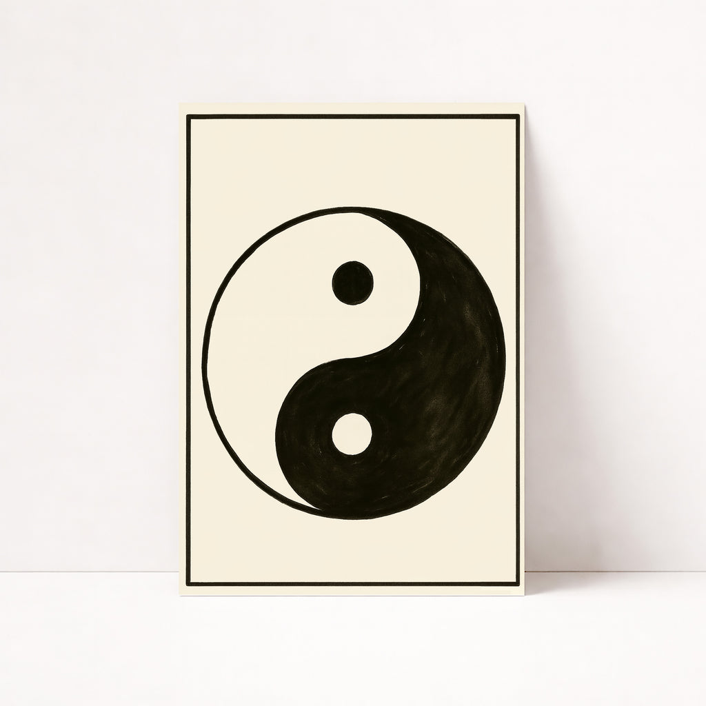 Minimalistisches Yin Yang Poster in Schwarz Weiß – moderne Wanddeko für Wohnzimmer
